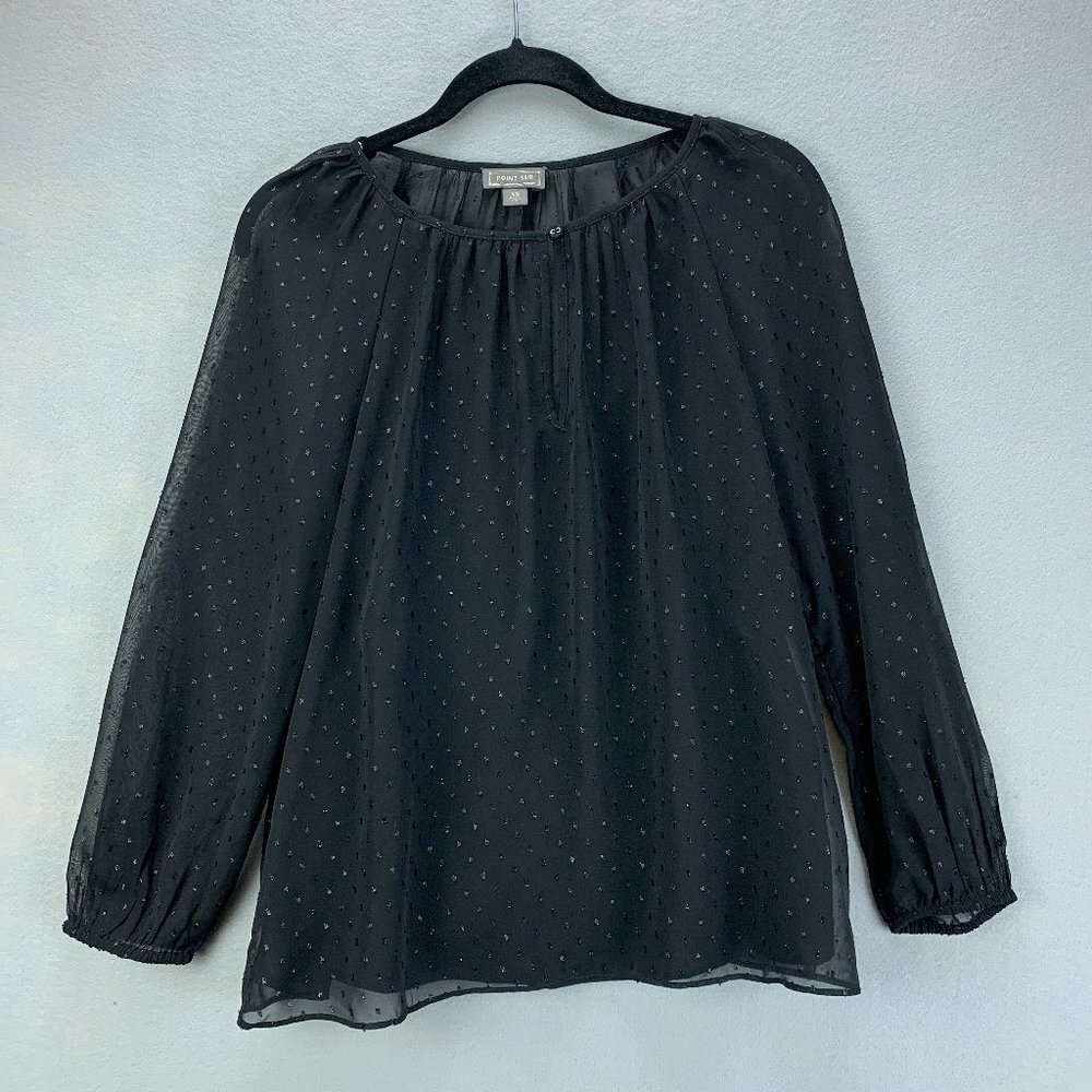 Point Sur J Crew Blouse Top Womens XS‎ Black Popover Chiffon Pin Dot Keyhole